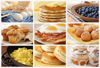 bacon, eggs, pancakes, biscuits, muffins, sweet rolls