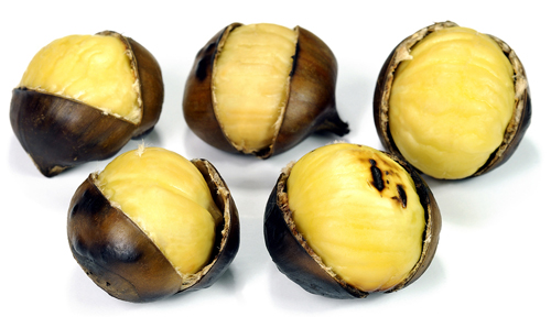 five whole chestnuts in their shells cracked open