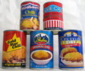 cans of five brands of store-bought Cincinnati Chili