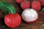 nine lychees in their husks and one partly peeled lychee