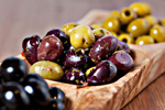 black olives, green olives and purple greek olives