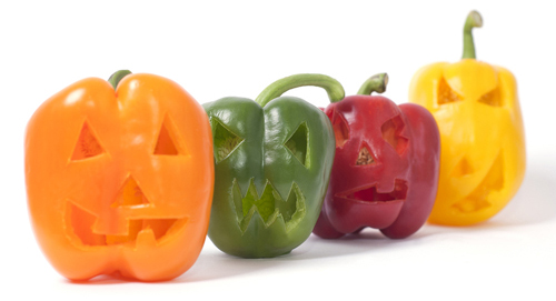 orange, green, red and yellow bell pepper jack-o-lanterns